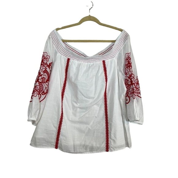 Lane Bryant Top Women 22 Red Off Shoulder Floral Smock Boho Western Hippie 80s - Picture 1 of 15